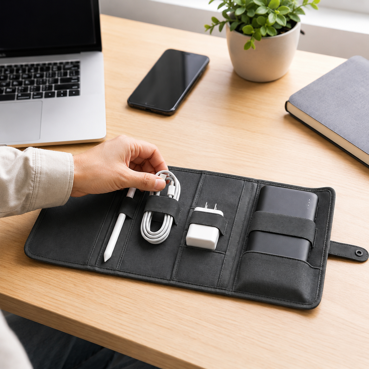 Roll-Up Tech Accessory Organizer – Portable Storage Wrap for Cables, Chargers & Power Banks