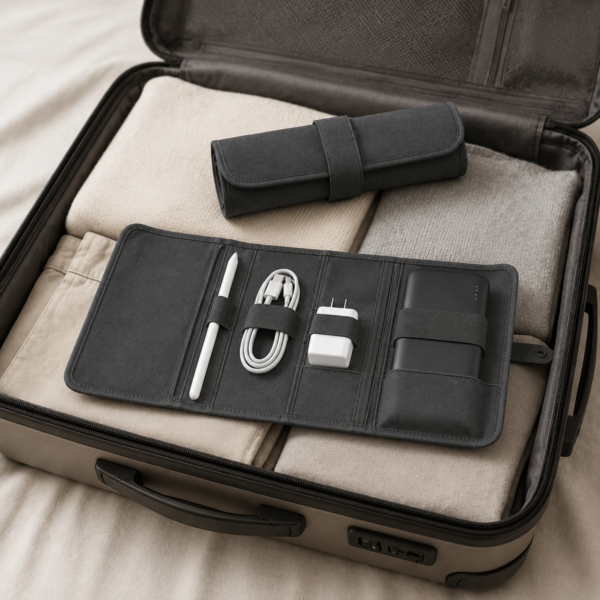 Roll-Up Tech Accessory Organizer – Portable Storage Wrap for Cables, Chargers & Power Banks