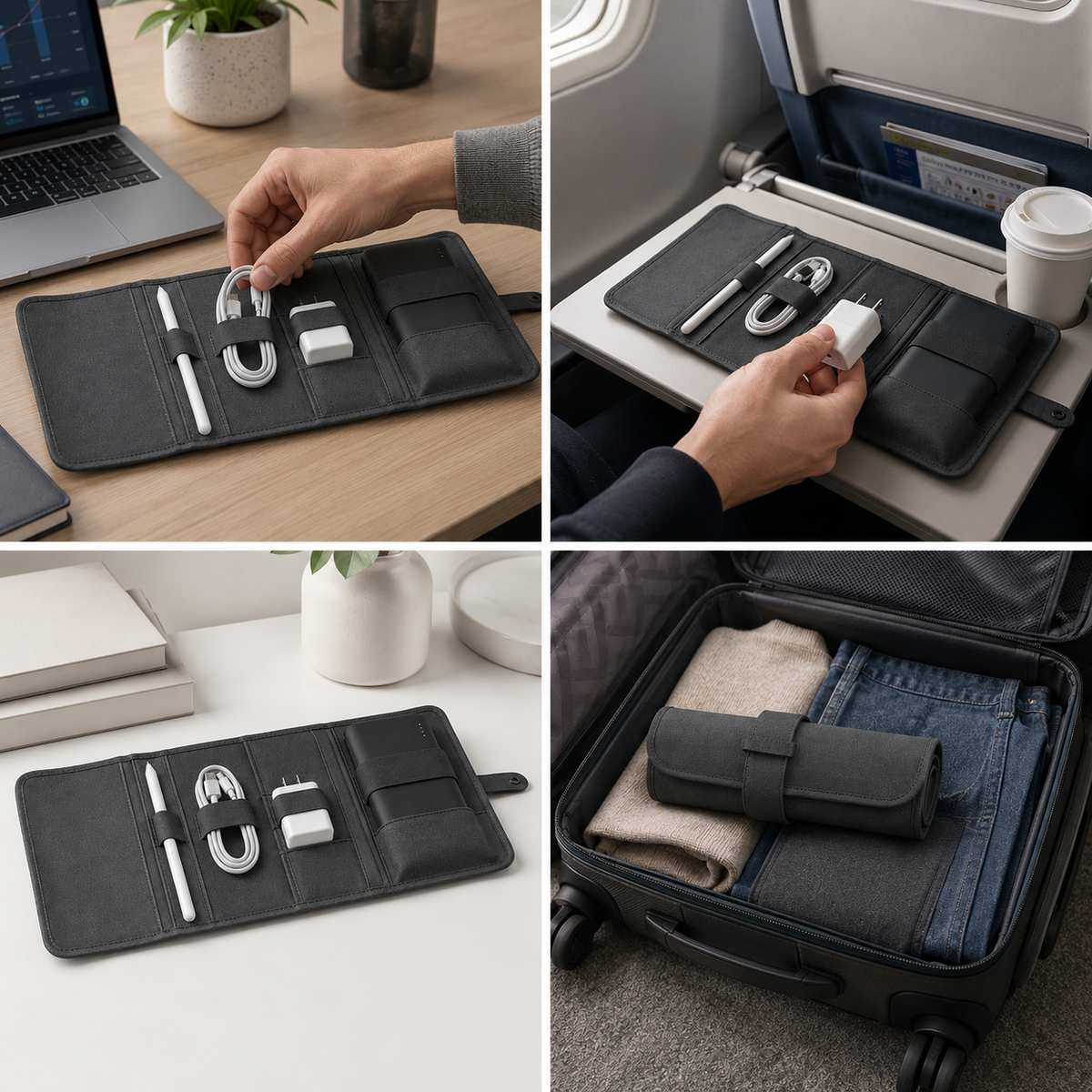 Roll-Up Tech Accessory Organizer – Portable Storage Wrap for Cables, Chargers & Power Banks