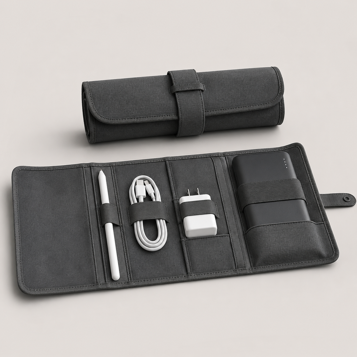 Roll-Up Tech Accessory Organizer – Portable Storage Wrap for Cables, Chargers & Power Banks